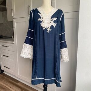 Sana Safinaz Women's Long Blue Kurta Top S White Embroidery Casual